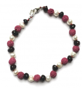 Adult Adjustable Dark Cherry Amber Sea Pearl and Pink Lava  Bracelet